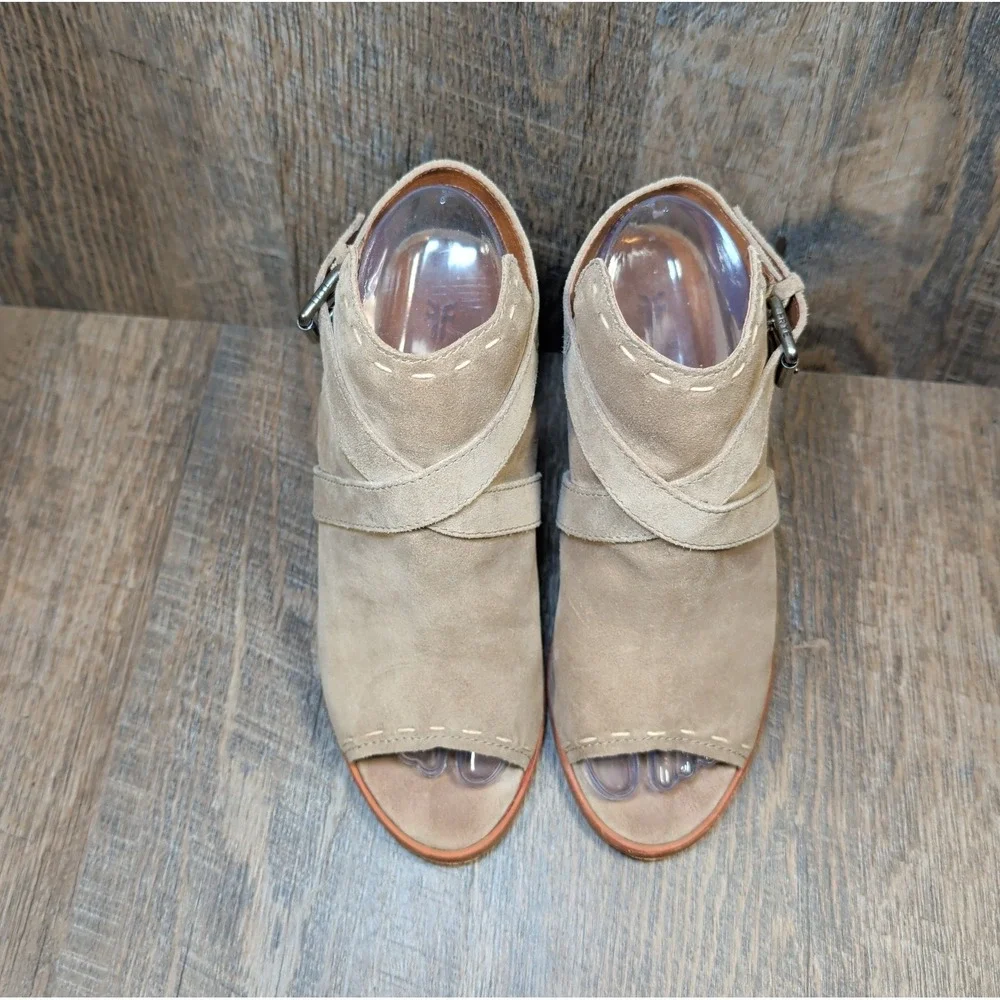 Frye Leather Dani Pickstitch Open Toe Sandals Ash Size 7M Chunky Heel Tan